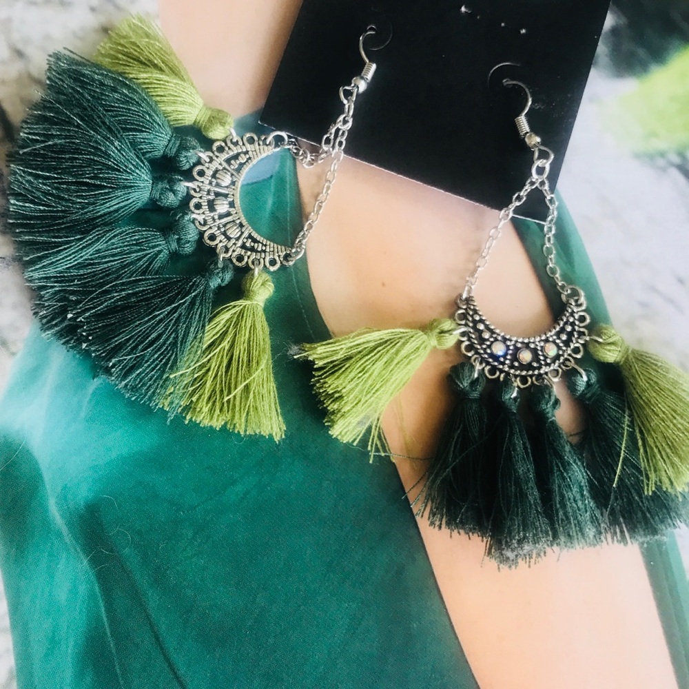 Green Boho Tassel Earrings